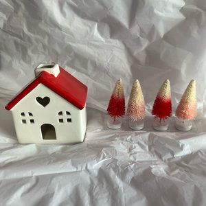 NEW RED CERAMIC HOUSE WITH ONE SET OF TREES